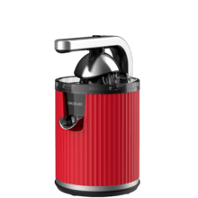 Presse-agrumes électrique rétro Xqueeze RetroJuice 600 rouge pour oranges et agrumes, puissance 600 W, filtre en acier inoxydable, cône en plastique, levier d'extraction de la pulpe et système anti-goutte.