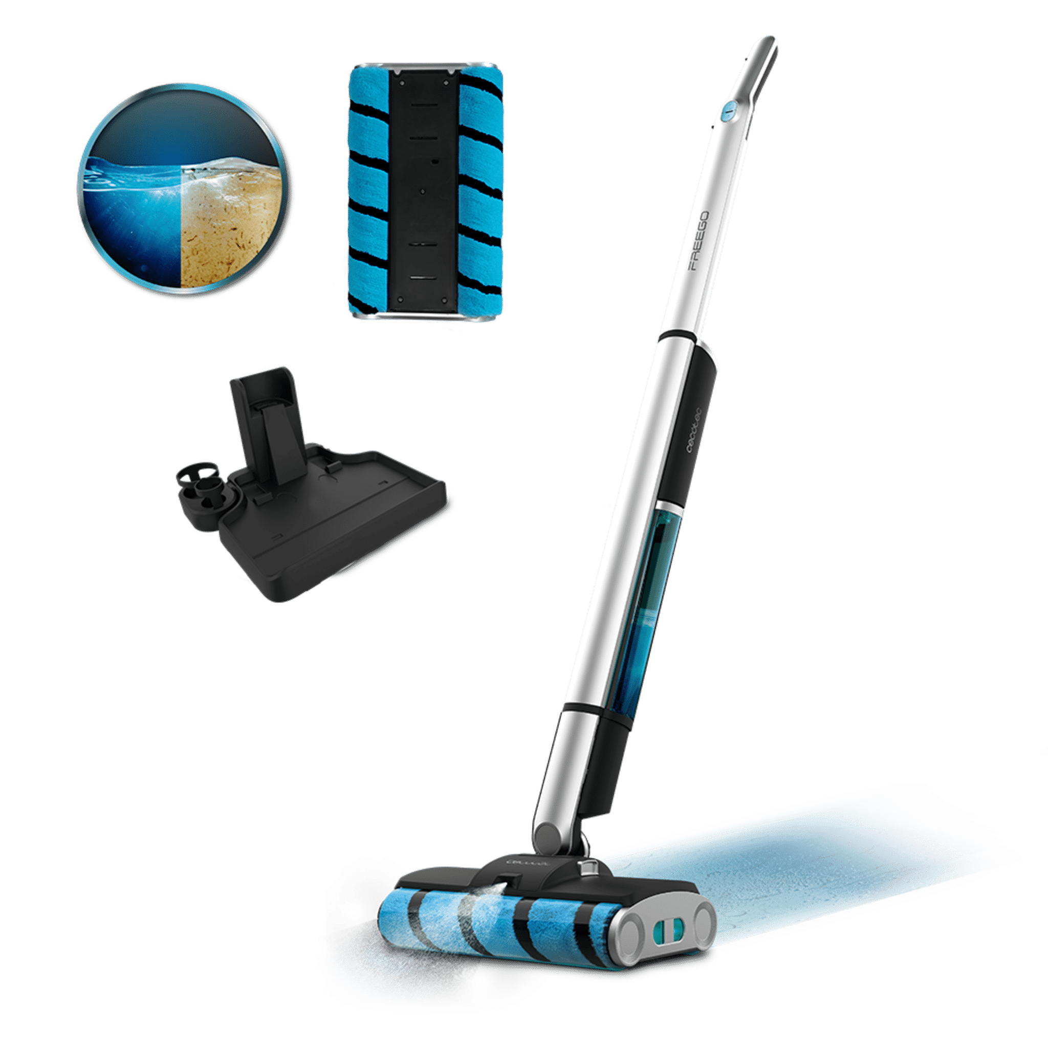 FreeGo Wash Twice Spray X-Treme Elektro-Mopp. 40 Minuten Autonomie. Doppelwalze. 450 ml Frischwassertank und 350 ml Schmutzwassertank. Wasserspray und selbstreinigende Basis. Durch Sprühen auf die Oberfläche.
