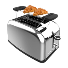 Toastin' time 850 Inox LiteTostador vertical de acero con doble ranura corta, 850 W de potencia y soporte para panecillos.