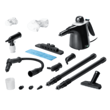HydroSteam 1040 Active&Soap. Pulitore a vapore con una potenza massima di 1100 W. Pulisce e disinfetta ogni superficie per una finitura impeccabile. Serbatoio da 450 ml. Pressione di 3,5 bar e flusso di vapore di 40 g/min.