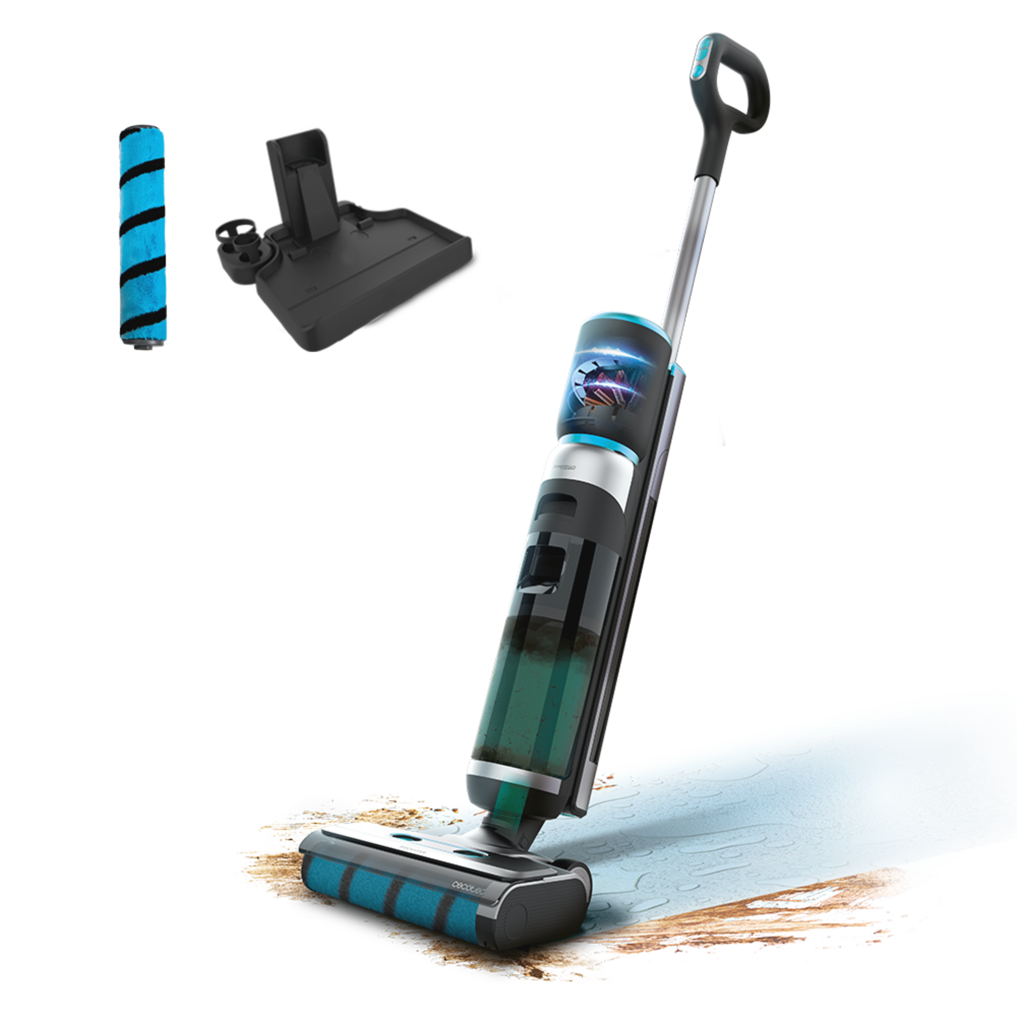 FreeGo Wash&Vacuum X-Treme Elektrischer Wischmopp mit 200 W. Schrubbt und staubsaugt gleichzeitig. 35 Minuten Autonomie. Saugfähige Rolle Wet Jalisco. 700 ml Reinwasserbehälter und 700 ml Schmutzwasserbehälter. Mit 3 Betriebsarten: Eco, Turbo und Trocken. Automatischer Sprüher auf der Rolle. Selbstreinigende Basis.