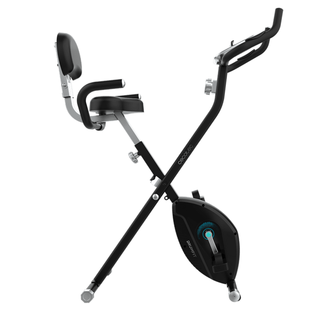 DrumFit X-Bike Neo Ultra Bicicleta estática plegable con respaldo. Pantalla LCD. Resistencia magnética variable. Sillín confort con respaldo y agarres laterales. Soporte para tablet y ruedas de transporte.