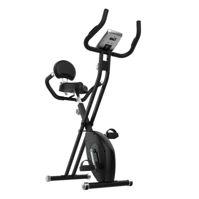 DrumFit X-Bike Neo Ultra Bicicleta estática plegable con respaldo. Pantalla LCD. Resistencia magnética variable. Sillín confort con respaldo y agarres laterales. Soporte para tablet y ruedas de transporte.