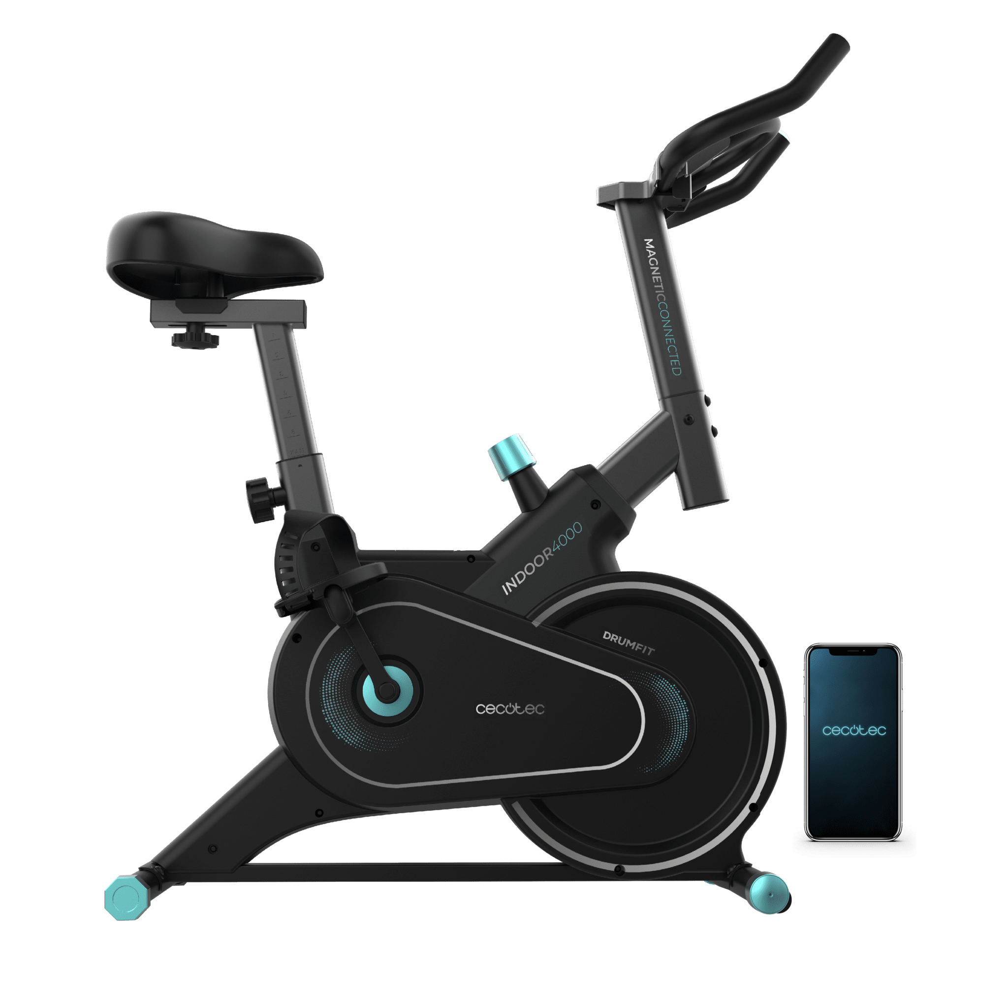Drumfit Indoor 4000 Magnetic Connected Bicicleta indoor de resistência magnética com roda de inércia de 4 kg, APP, resistência ajustável manualmente, rodas de transporte e suporte para tablet. Peso máximo de 120 kg e altura máxima de 175 cm.