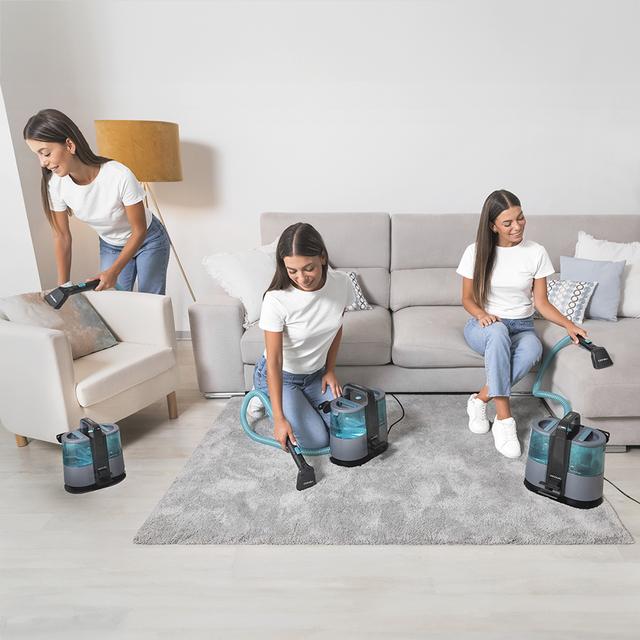 Conga 4000 Nettoyage Tapis et Taches XL Nettoyeur de tissus d'ameublement X-Treme d'une puissance de 600 W et d'une pression de 14 kPa. Deux réservoirs : eau propre et eau sale. Pulvérisateur d'eau. Accessoire pour vitres et trois embouts d'aspiration.