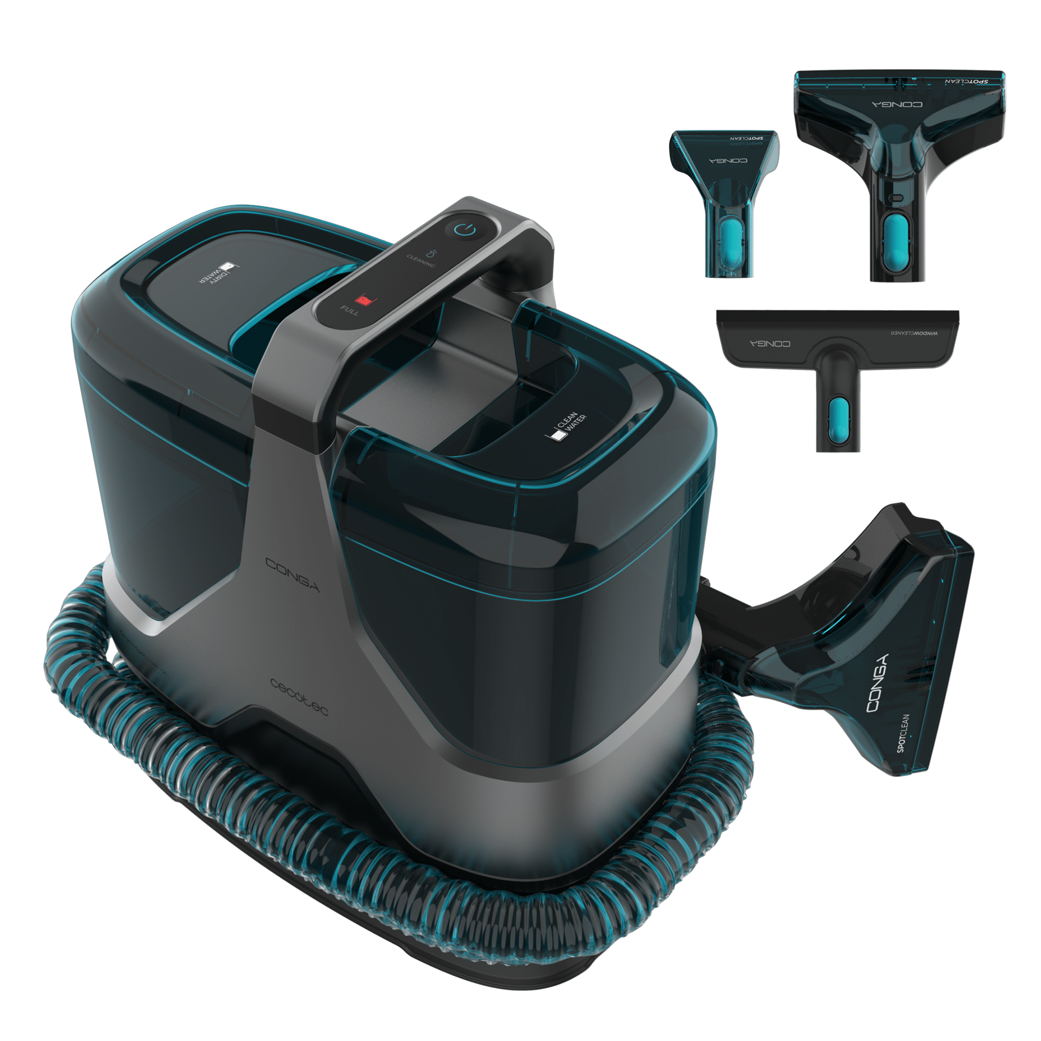 Conga 6000 Carpet&Spot Clean XXL Ultra Limpiatapicerías con sistema 3 en 1 que pulveriza, aspira y limpia en una sola pasada. Con 600 W de potencia y 15 kPa de succión para eliminar la suciedad en profundidad. Formato XXL: incorpora depósitos de gran capacidad y un amplio radio de acción de 7 m. Incluye boquillas intercambiables y accesorio para ventanas.