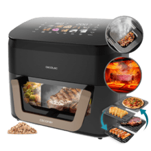 Cecofry&Grill Smokin' 11000 Plus Freidora de aire con triple grill en la parte superior e inferior para dorado perfecto y sabor de parrilla en carnes, ahumador, capacidad de 11 litros, potencia de 2900 W para platos saludables y pared divisoria móvil para optar entre dos cestillos con temperatura dual o convertirse en una sola cubeta.