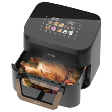 Cecofry&Grill Smokin' 11000 Plus Freidora de aire con triple grill en la parte superior e inferior para dorado perfecto y sabor de parrilla en carnes, ahumador, capacidad de 11 litros, potencia de 2900 W para platos saludables y pared divisoria móvil para optar entre dos cestillos con temperatura dual o convertirse en una sola cubeta.