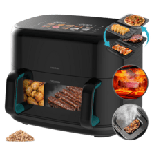 Cecofry&Grill Smokin'Prime 11000 Pro. Freidora de aire con cuatro resistencias para dorado perfecto y sabor de parrilla en carnes, capacidad de 11 litros, potencia de 2800 W para platos saludables y pared divisoria móvil para optar entre dos cestillos con temperatura dual o convertirse en una sola cubeta.