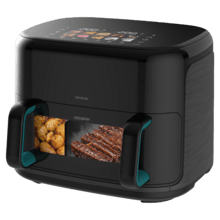 Cecofry&Grill Smokin'Prime 11000 Pro. Freidora de aire con cuatro resistencias para dorado perfecto y sabor de parrilla en carnes, capacidad de 11 litros, potencia de 2800 W para platos saludables y pared divisoria móvil para optar entre dos cestillos con temperatura dual o convertirse en una sola cubeta.