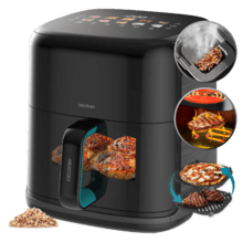 La friggitrice ad aria Cecofry&Grill Smokin'Prime 6500 è dotata di doppio elemento riscaldante per una perfetta doratura e un sapore grigliato alle carni, ha una capacità di 6,5 litri e una potenza di 2200 W per piatti sani.