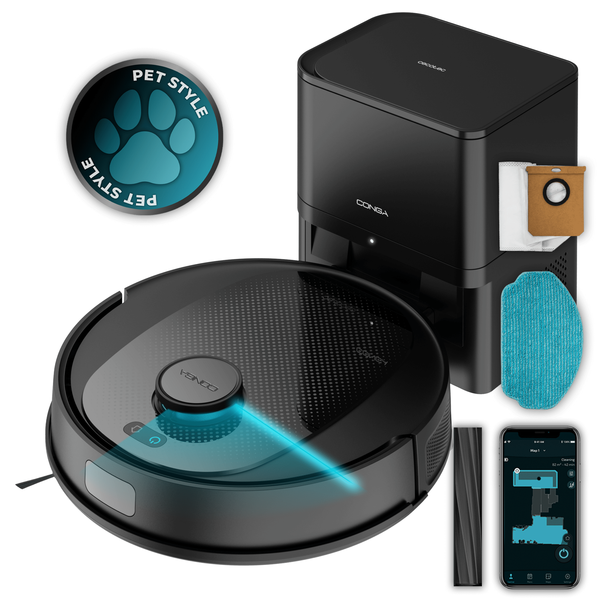 Conga 7690 Immortal Max Home M Robot aspirateur avec technologie de navigation laser. Base de vidange automatique d'une capacité de 2,5 L. Nettoyage 4 en 1 : il aspire, nettoie le sol, balaie et passe la serpillière. Puissance d’aspiration de 5000 Pa jusqu’à 220 minutes d’autonomie. Brosse centrale en silicone spécialement conçue pour les poils d'animaux. Tissu pour nettoyer le sol et 1 brosse latérale. Contrôle via app et assistants virtuels.