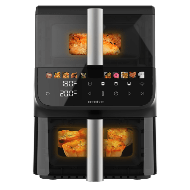 Freidora Cecotec Cecofry DuoLevel 10000 DuoSize Window vista frontal con alimentos