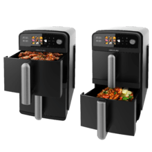 Cecofry DuoLevel 10000 Freidora de aire de 10L con cubetas superpuestas de 5L, 2400 W de potencia, control táctil, y 6 programas preconfigurados para una cocción rápida y saludable.