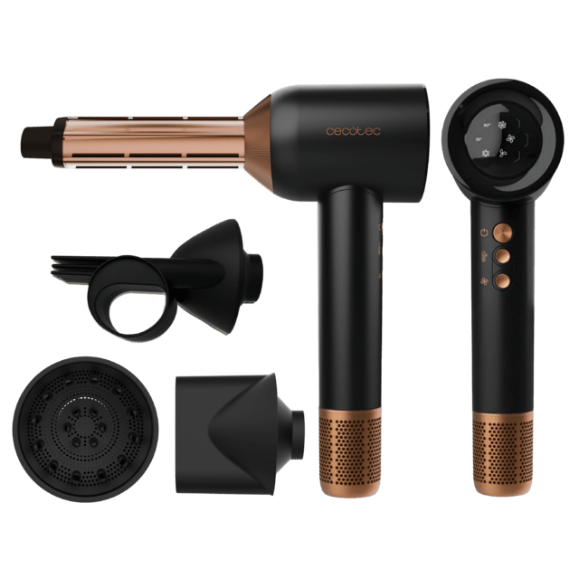 DryGlam Waves Black Sèche-cheveux avec moteur Brushless et technologie Plasma révolutionnaire, moteur de 1600 W 110000 tr/min, têtes à effet Coanda 4 en 1, écran numérique, contrôle intelligent de la chaleur, fonction mémoire et moteur silencieux.