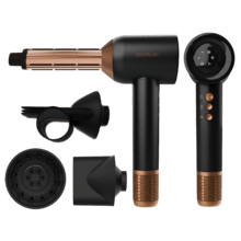 DryGlam Waves Black Sèche-cheveux avec moteur Brushless et technologie Plasma révolutionnaire, moteur de 1600 W 110000 tr/min, têtes à effet Coanda 4 en 1, écran numérique, contrôle intelligent de la chaleur, fonction mémoire et moteur silencieux.