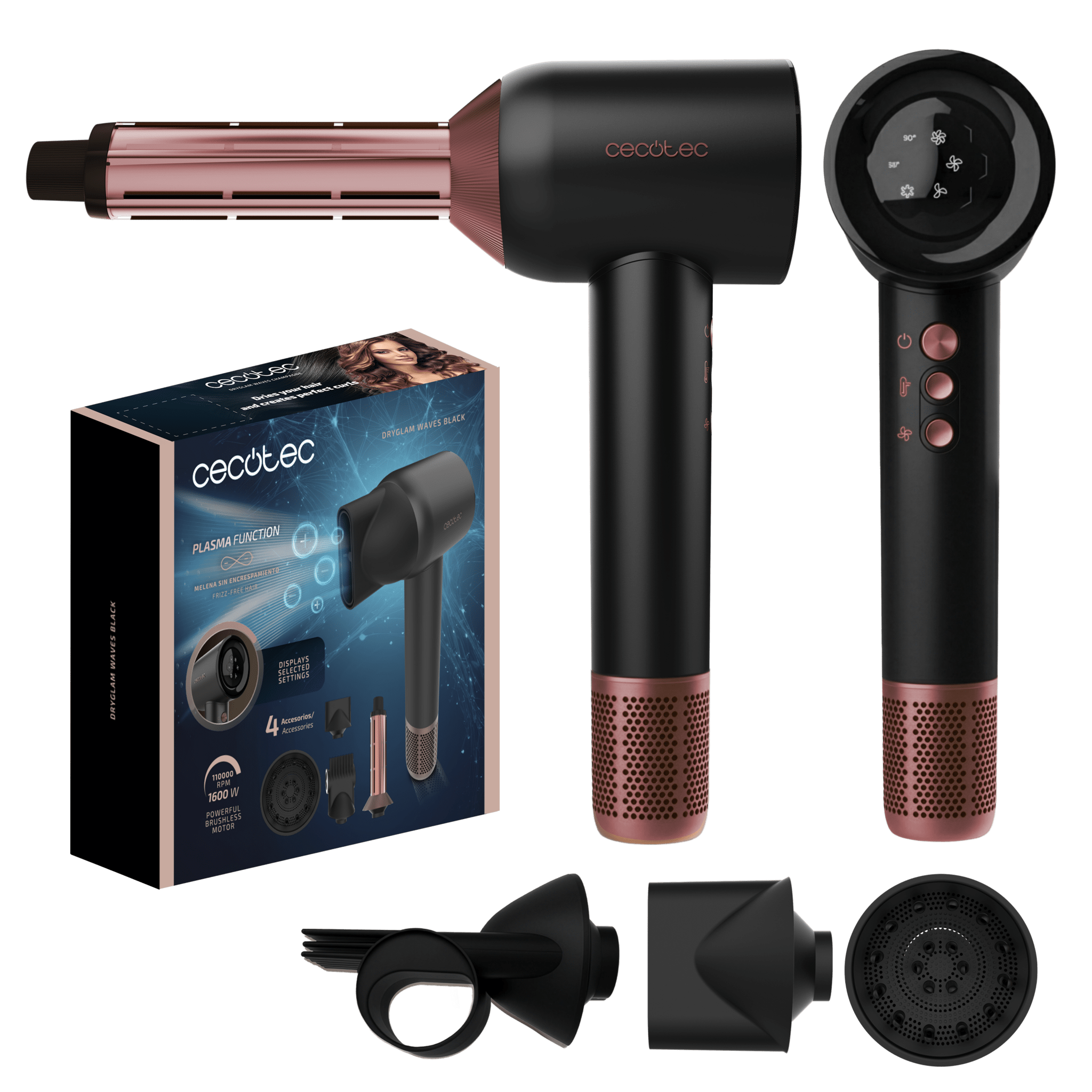 DryGlam Waves Black Haartrockner mit bürstenlosem Motor und revolutionärer Plasma-Technologie, 1600-W-Motor mit 110.000 U/min, 4-in-1-Aufsätze mit Coanda-Effekt, Digitalanzeige, intelligenter Hitzekontrolle, Speicherfunktion und leisem Motor.