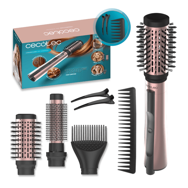 CeramicCare 3in1 AirBrush Elite Escova de Ar com Função Iónica, Seca, Modela e Dá Volume, Ecrã de Temperatura, 1200W de Potência, Revestimento de Cerâmica, 3 Modos de Calor, Escovas de 50 mm, 33 mm e Cabeça Volumizadora, Ganchos e pente de dentes largos