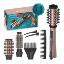 CeramicCare 3in1 AirBrush Elite Escova de Ar com Função Iónica, Seca, Modela e Dá Volume, Ecrã de Temperatura, 1200W de Potência, Revestimento de Cerâmica, 3 Modos de Calor, Escovas de 50 mm, 33 mm e Cabeça Volumizadora, Ganchos e pente de dentes largos