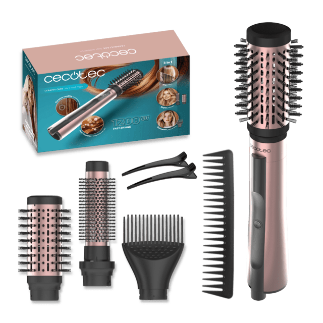 CeramicCare 3in1 AirBrush Elite Escova de Ar com Função Iónica, Seca, Modela e Dá Volume, Ecrã de Temperatura, 1200W de Potência, Revestimento de Cerâmica, 3 Modos de Calor, Escovas de 50 mm, 33 mm e Cabeça Volumizadora, Ganchos e pente de dentes largos