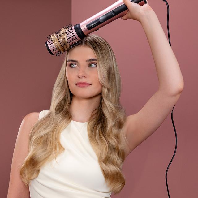 CeramicCare 3in1 AirBrush Elite Escova de Ar com Função Iónica, Seca, Modela e Dá Volume, Ecrã de Temperatura, 1200W de Potência, Revestimento de Cerâmica, 3 Modos de Calor, Escovas de 50 mm, 33 mm e Cabeça Volumizadora, Ganchos e pente de dentes largos