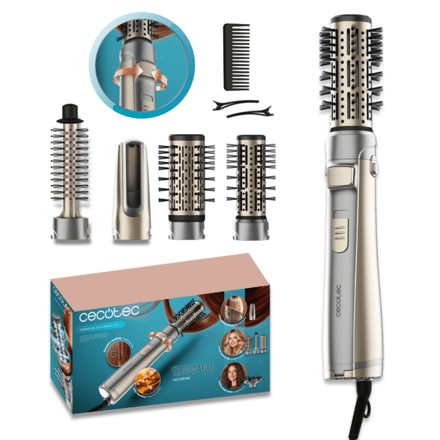 CeramicCare 5in1 AirBrush Gyro Elite – Cepillo de aire rotativo con 5 Cabezas. Seca, Riza, Moldea y Da Volumen. Función Rotativa Bidireccional. Revestimiento de Cerámica. Función Iónica. 1100W. Punta Fría. 3 Modos de Temperatura y Velocidad. Clips y peine de púas anchas