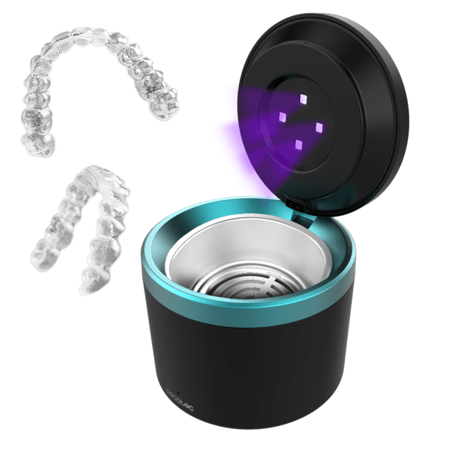 ToothCare Elite Clean Limpiador ultrasónico de férulas y dentaduras en solo 5 minutos con luz UV. Tiene un tanque de 200 ml. Seguro, eficiente y práctico, incluye pinzas para una extracción fácil.
