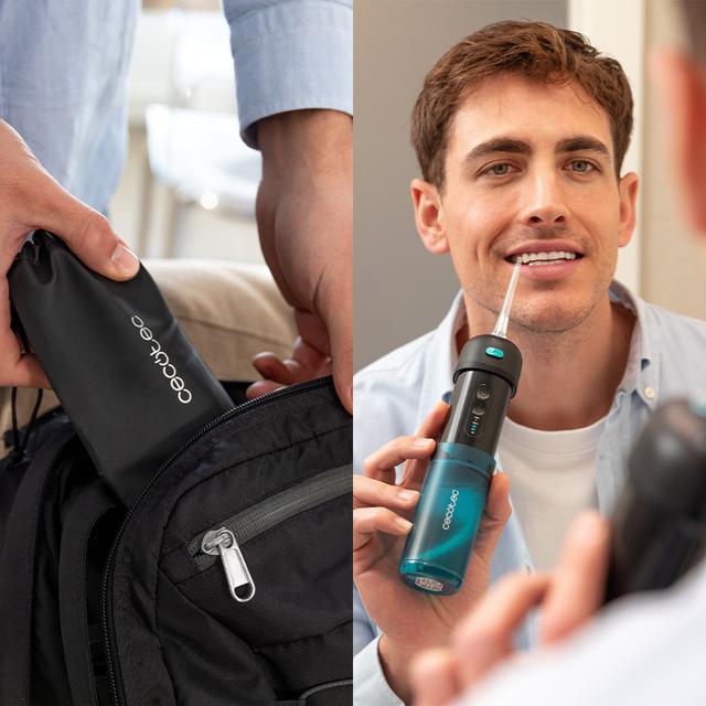 ToothCare Jet Clean Splash Irrigador compacto y ligero de viaje con 3 modos y hasta 8 intensidades, con 150 ml de capacidad y con 3 boquillas intercambiables.