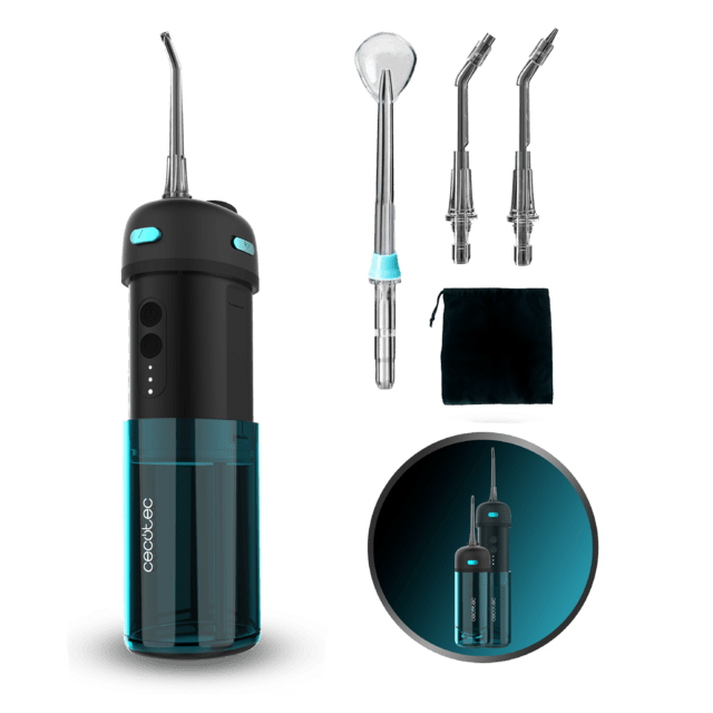 ToothCare Jet Clean Splash Irrigador compacto y ligero de viaje con 3 modos y hasta 8 intensidades, con 150 ml de capacidad y con 3 boquillas intercambiables.