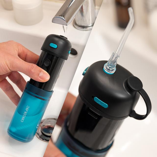 ToothCare Jet Clean Splash Irrigador compacto y ligero de viaje con 3 modos y hasta 8 intensidades, con 150 ml de capacidad y con 3 boquillas intercambiables.