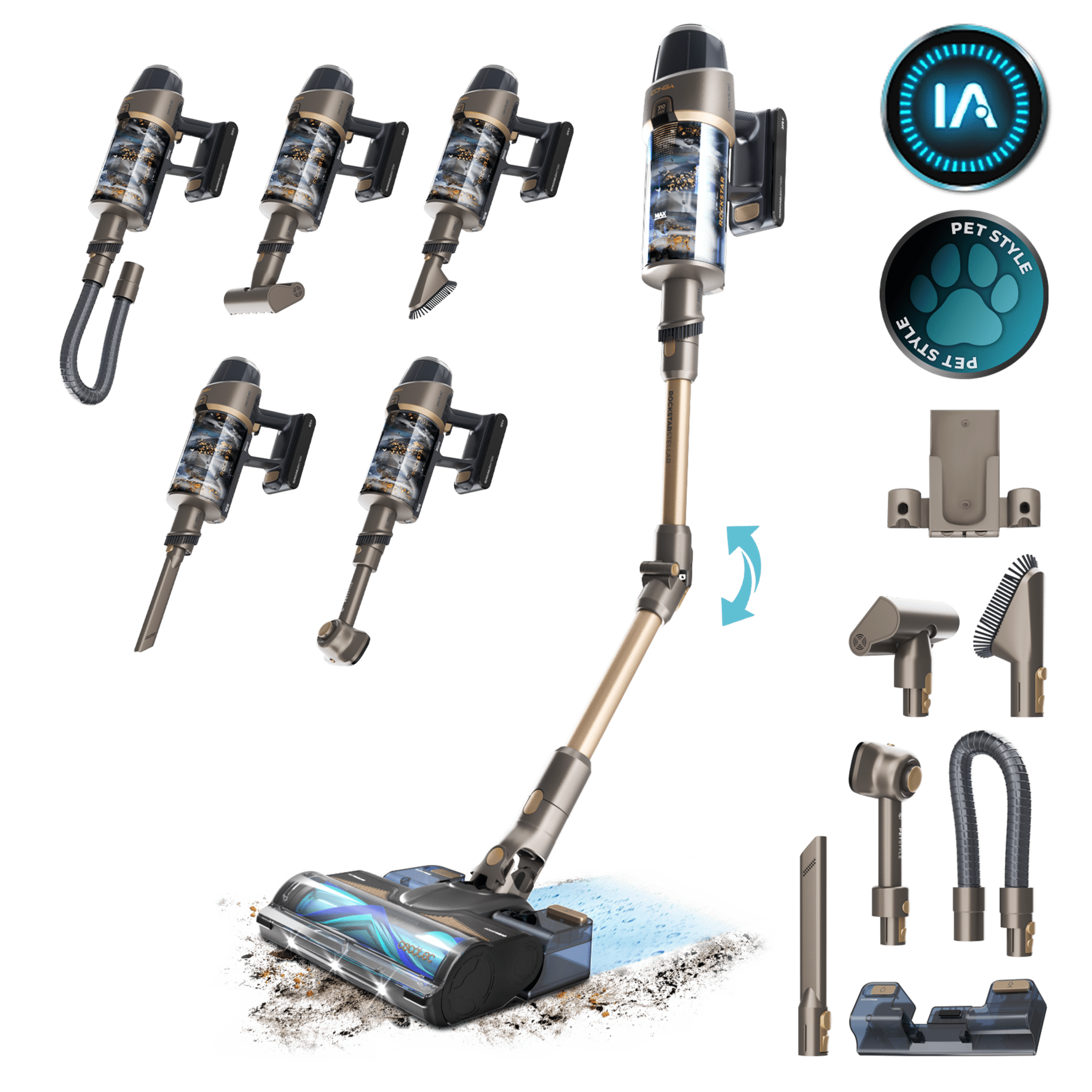 Conga Rockstar RX90 AI AquaPet Flex X-Treme escoba sin cables con Máxima potencia de succión de 350 AW y ultrapotencia de 850 W. 100 minutos de autonomía. Inteligencia Artificial. Cepillo HairLess antienredos. Tubo flexible y kit de accesorios completo.