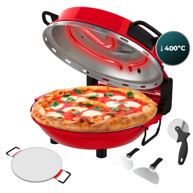 Fun Pizza&Co Mamma Mía Window Plus Horno eléctrico para pizza de 1200 W con ventana, temporizador, temperatura ajustable y palas de acero.