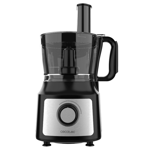 Robot culinaire Comino 1000 Spatula, 1000 W, 2 vitesses, fonction pulse, bol de 2 L. 3 disques de découpe : lame à hacher, lame à pétrir, disque à jus et disque à crémer. Corps en plastique et acier inoxydable.