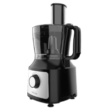 Robot culinaire Comino 1000 Spatula, 1000 W, 2 vitesses, fonction pulse, bol de 2 L. 3 disques de découpe : lame à hacher, lame à pétrir, disque à jus et disque à crémer. Corps en plastique et acier inoxydable.