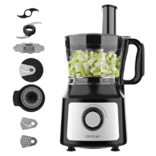 Robot culinaire Comino 1000 Spatula, 1000 W, 2 vitesses, fonction pulse, bol de 2 L. 3 disques de découpe : lame à hacher, lame à pétrir, disque à jus et disque à crémer. Corps en plastique et acier inoxydable.