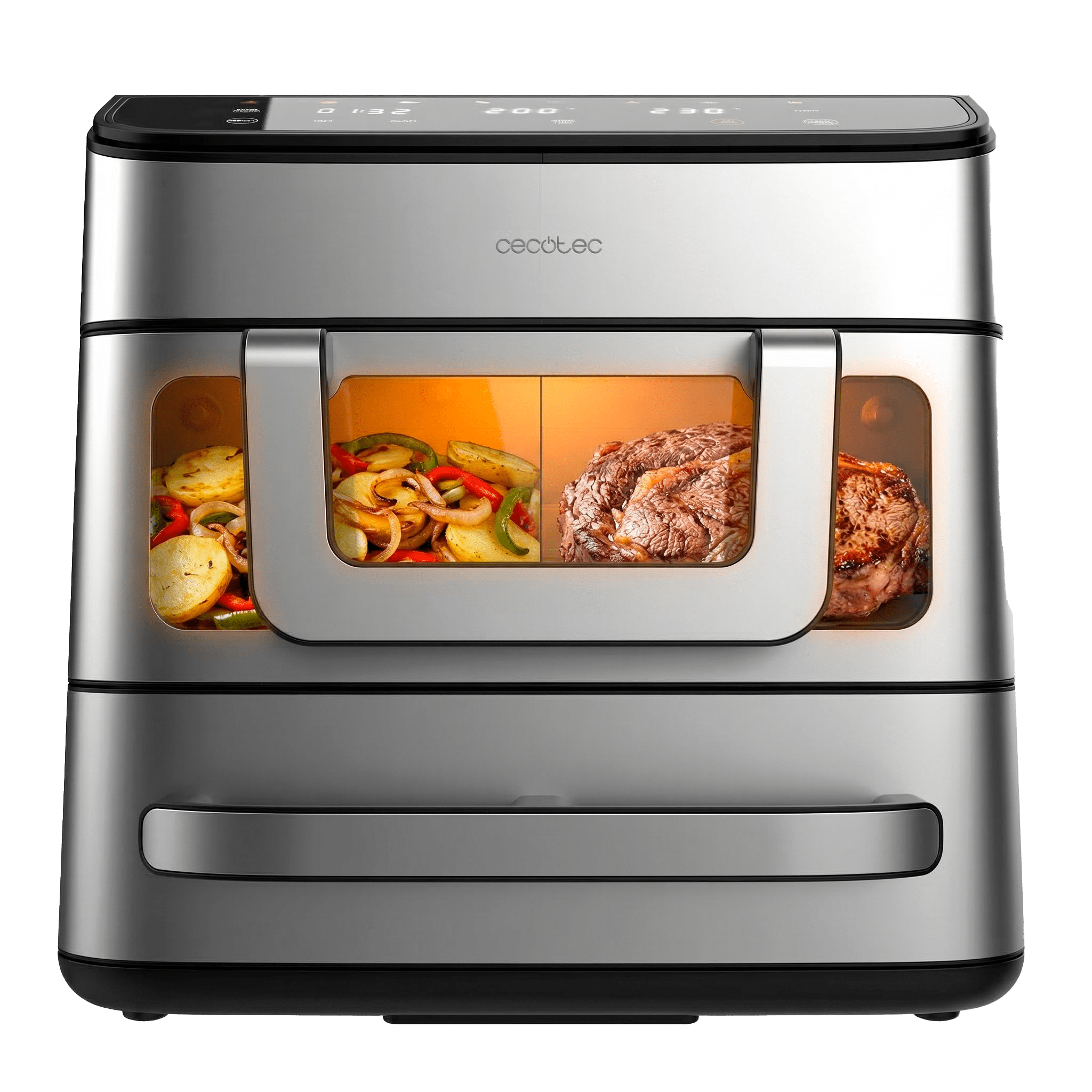Cecofry FoodCourt 18000 4Pizza + Freidora de aire y horno de 18L con piedra para pizza, pantalla a color y sincronización para resultados perfectos.