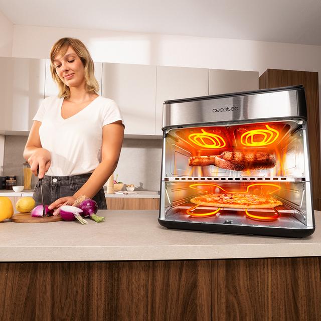 Cecofry FoodCourt 18000 4Pizza + Friteuse à air chaud et four de 18 L avec pierre à pizza, écran couleur et minuterie pour des résultats parfaits.