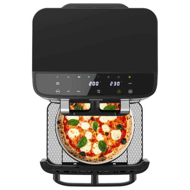 Cecofry FoodCourt 18000 4Pizza + Friteuse à air chaud et four de 18 L avec pierre à pizza, écran couleur et minuterie pour des résultats parfaits.