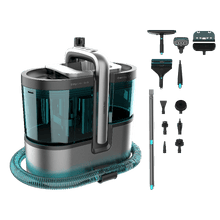 Conga Carpet&Spot Clean 15000 Steam Elite X-Treme Limpiatapicerías 3 en 1 con función vapor que pulveriza, aspira y limpia en una pasada. Incorpora motor de 600 W, caldera de 1200 W y vapor a 100 ºC para una limpieza más profunda. Cuenta con succión de hasta 12 kPa, depósitos de 1600 ml (agua limpia) y 1500 ml (agua sucia). Incluye 16 accesorios para tapicerías, manchas y limpieza con vapor en múltiples superficies.