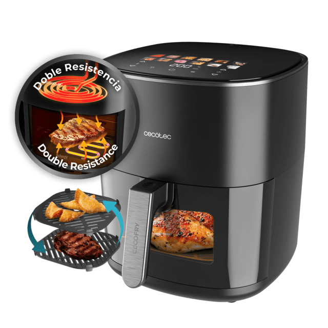 Cecofry&Grill 6500 Friteuse à air avec double élément chauffant pour un brunissement parfait et une saveur grillée sur les viandes, capacité de 6,5 litres et puissance de 2200 W pour des plats sains.