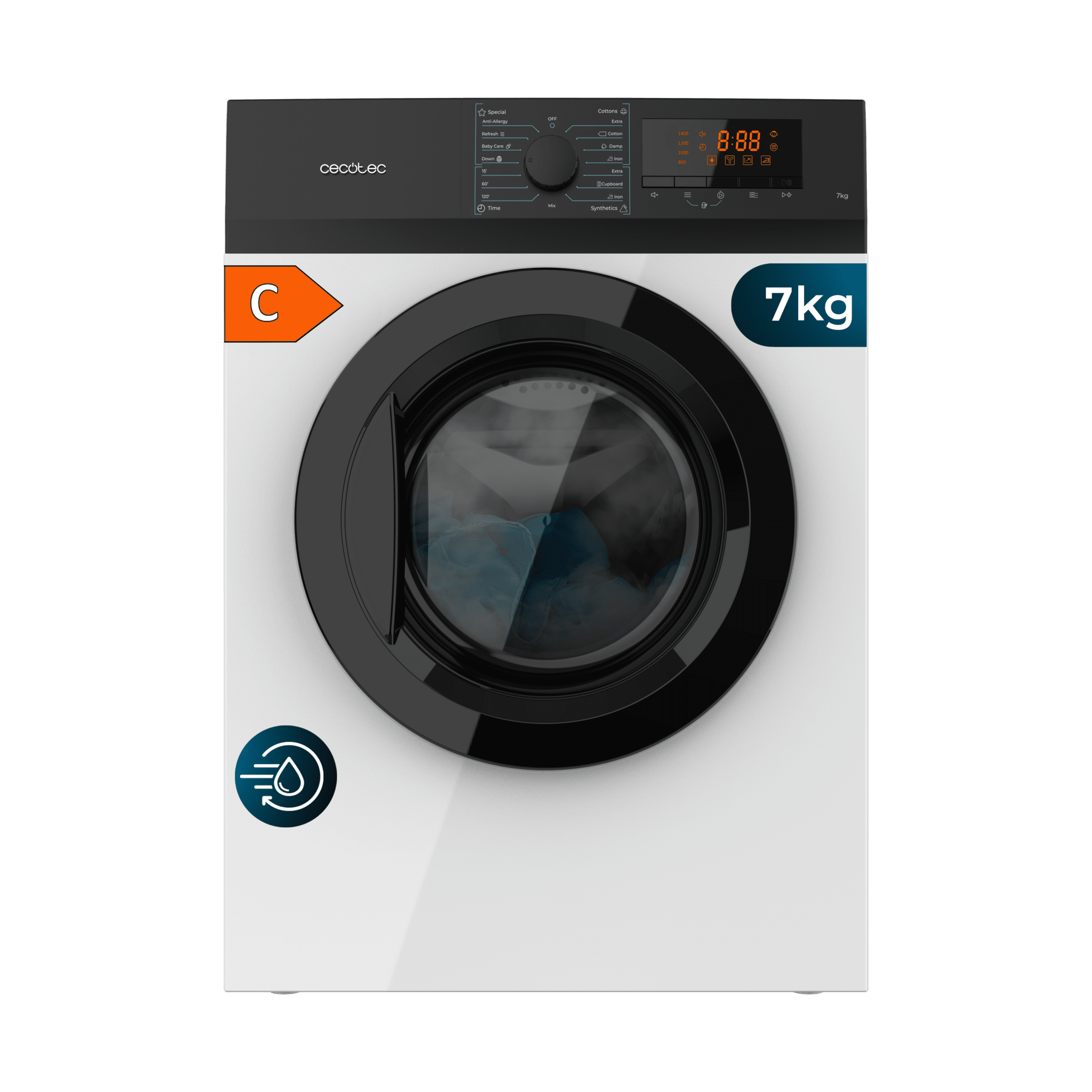 Sèche-linge à évacuation avec une capacité de charge de 7 kg, classe C, 15 programmes, Séchage automatique, Repassage facile, Stop&Go, KidLock, fonction Anti-plis, fonction Silence, rotation bidirectionnelle, éclairage intérieur et tambour en acier inoxydable.