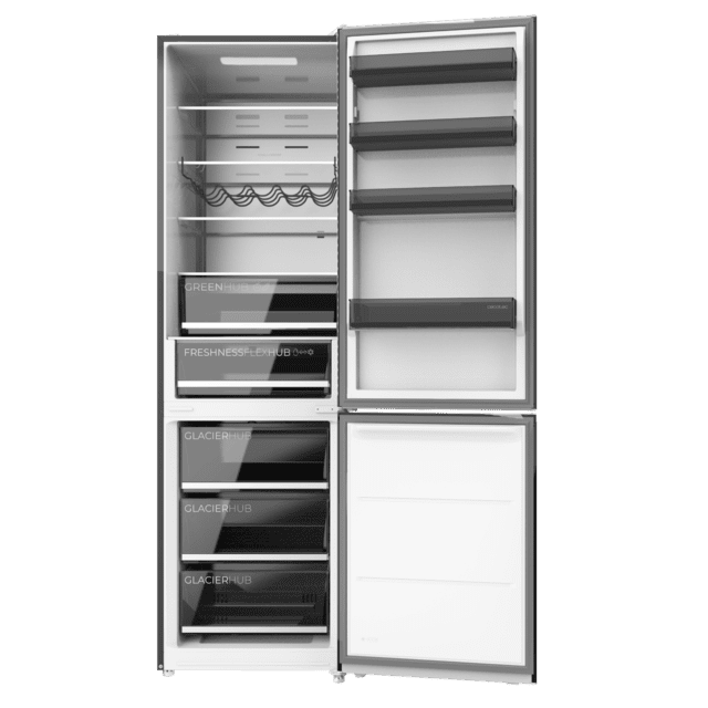 Bolero CoolMarket Combi 456 Black Glass E Frigorífico Combi Cristal Negro, MAX INSIDE con VIP tech, Cool Matrix, Cajón Variable 6 temperaturas con control de humedad, Total No Frost, Compresor Inverter Plus, Multi AirFlow, 456 L, 201x59,5cm Funciones Fast Cooling y Fast Freezing, Modo Smart, Green HUB XL, Display Exterior, Puertas Reversibles, Botellero, Bandejas Cristal y Clase E