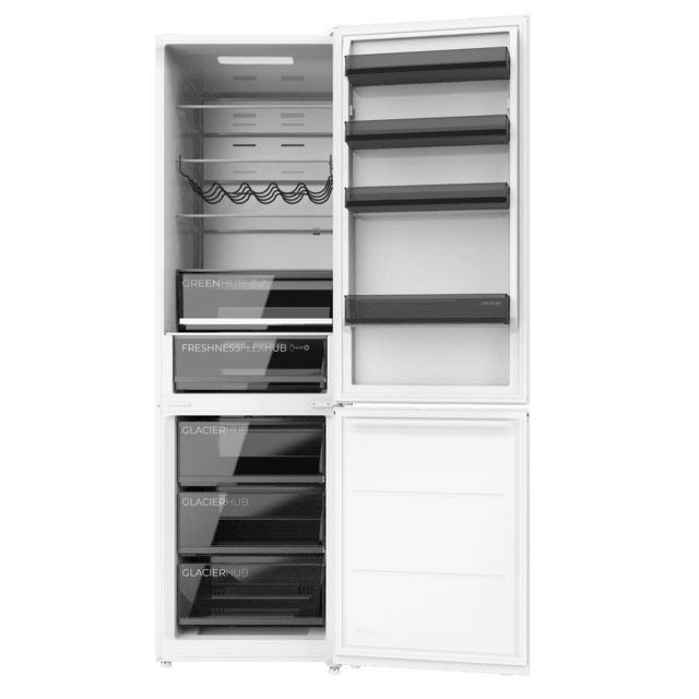 Bolero CoolMarket Combi 456 White Glass C Frigorífico Combi Cristal Blanco, Clase C, MAX INSIDE con VIP tech, Cool Matrix, Cajón Variable 6 temperaturas con control de humedad, Total No Frost, Compresor Inverter Plus, Multi AirFlow, 456 L, 201x59,5cm Funciones Fast Cooling y Fast Freezing, Modo Smart, Green HUB XL, Display Exterior, Puertas Reversibles, Botellero y Bandejas Cristal