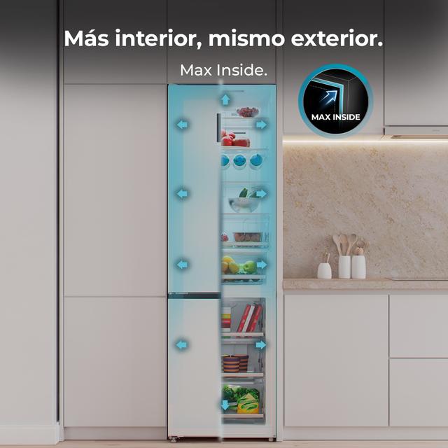 Bolero CoolMarket Combi 456 White Glass C Frigorífico Combi Cristal Blanco, Clase C, MAX INSIDE con VIP tech, Cool Matrix, Cajón Variable 6 temperaturas con control de humedad, Total No Frost, Compresor Inverter Plus, Multi AirFlow, 456 L, 201x59,5cm Funciones Fast Cooling y Fast Freezing, Modo Smart, Green HUB XL, Display Exterior, Puertas Reversibles, Botellero y Bandejas Cristal
