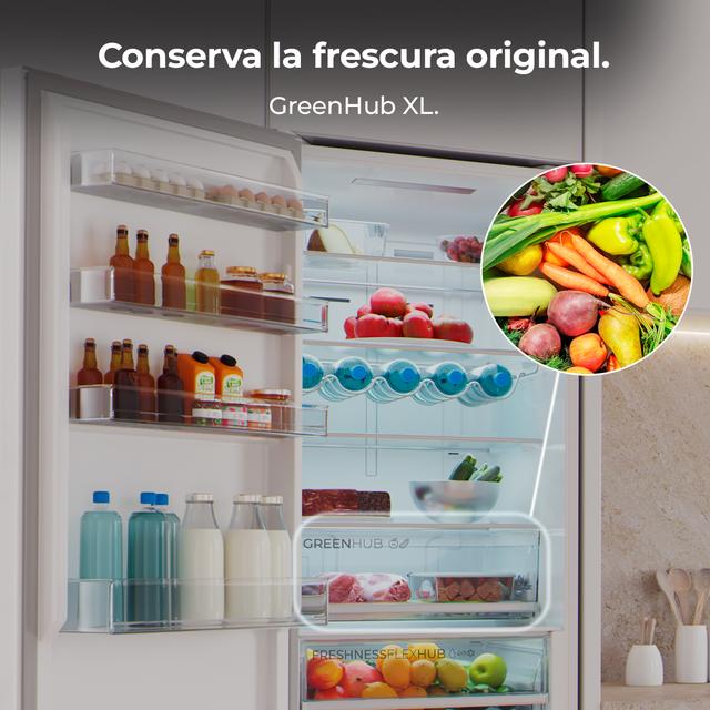 Bolero CoolMarket Combi 456 White Glass C Frigorífico Combi Cristal Blanco, Clase C, MAX INSIDE con VIP tech, Cool Matrix, Cajón Variable 6 temperaturas con control de humedad, Total No Frost, Compresor Inverter Plus, Multi AirFlow, 456 L, 201x59,5cm Funciones Fast Cooling y Fast Freezing, Modo Smart, Green HUB XL, Display Exterior, Puertas Reversibles, Botellero y Bandejas Cristal