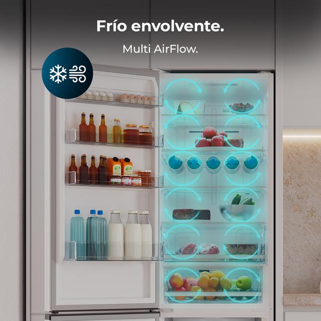 Bolero CoolMarket Combi 456 White Glass C Frigorífico Combi Cristal Blanco, Clase C, MAX INSIDE con VIP tech, Cool Matrix, Cajón Variable 6 temperaturas con control de humedad, Total No Frost, Compresor Inverter Plus, Multi AirFlow, 456 L, 201x59,5cm Funciones Fast Cooling y Fast Freezing, Modo Smart, Green HUB XL, Display Exterior, Puertas Reversibles, Botellero y Bandejas Cristal