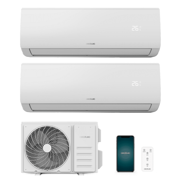 AirClima 18000 Multi Connected Aire acondicionado multi split compuesto por dos unidades interiores, una de 9000 BTU y otra de 12000 BTU, más una unidad exterior de 18000 BTU.