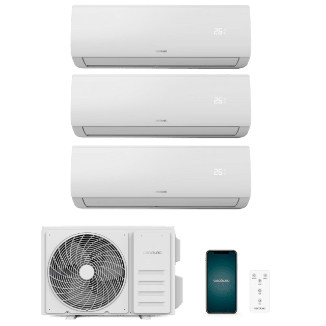 AirClima 27000 Multi Connected Aire acondicionado multi split compuesto por tres unidades interiores, dos de 9000 BTU y otra de 12000 BTU, más una unidad exterior de 27000 BTU.