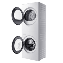 Bolero Wash&Dry Tower 98500 SmartDuo. Torre integrada de lavado y secado en color steel, de 9 kg + 8 kg, con funcionamiento simultáneo, display FullTouch Superior único y Smart Duo. Incluye Wash & Dry 45’, Clase A -10 % y Motor Inverter, puerta XXL, secado automático con 3 niveles, tambores inox con secado bidireccional, 14 programas, 1200 rpm, luz interior y Delay Start.