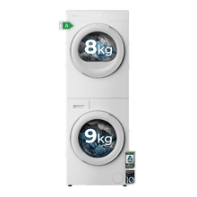 Bolero Wash&Dry Tower 98500 SmartDuo. Torre integrada de lavado y secado en color steel, de 9 kg + 8 kg, con funcionamiento simultáneo, display FullTouch Superior único y Smart Duo. Incluye Wash & Dry 45’, Clase A -10 % y Motor Inverter, puerta XXL, secado automático con 3 niveles, tambores inox con secado bidireccional, 14 programas, 1200 rpm, luz interior y Delay Start.